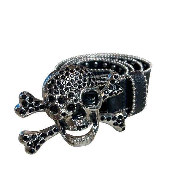 Pirate Belt Silver Rhinestone Skull Black Leather Glam Rock Goth Y2K Punk Grunge main image 8